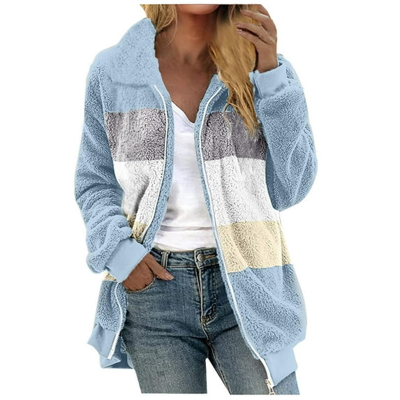 Womens 2024 Winter Fuzzy Fleece Jacket Color Block Patchwork Coats Sherpa Oversized Shearling Trendy Jackets Plush Warm Outerwear with Pockets