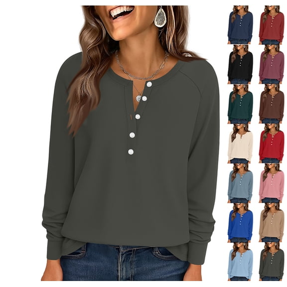 Womens 2025 Blouse Winter Fall Long Sleeve Tunic Tops Casual V Neck Button T-Shirts Dark Gray XL