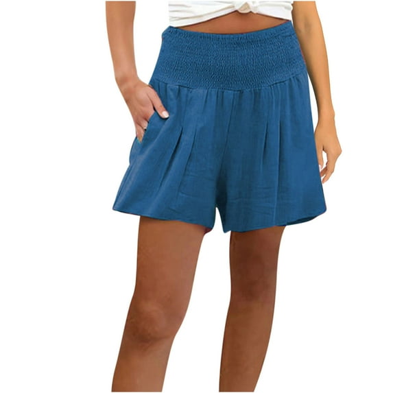 Womens Casual Summer Elastic High Waisted Smocked Cotton Linen Shorts Pants Pleated Cute Beach Flowy Lounge Shorts