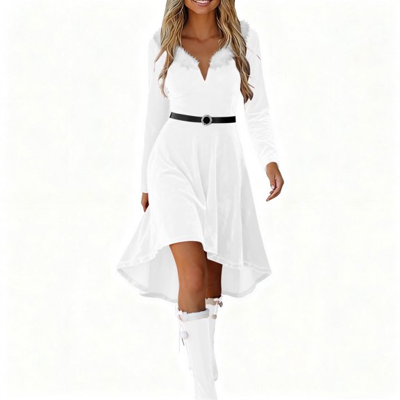 Womens 2025 Christmas Costume Fancy Fur Trim Mini Dress Claus Santa Dress Up Xmas Elf Cosplay Party Costumes Warm Winter Long Sleeve Dresses