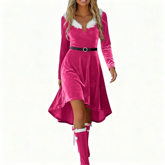 Womens 2025 Christmas Costume Fancy Fur Trim Mini Dress Claus Santa Dress Up Xmas Elf Cosplay Party Costumes Warm Winter Long Sleeve Dresses