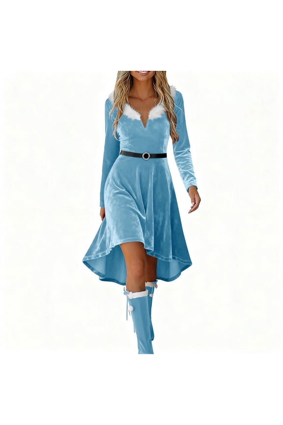 Womens 2025 Christmas Costume Fancy Fur Trim Mini Dress Claus Santa Dress Up Xmas Elf Cosplay Party Costumes Warm Winter Long Sleeve Dresses