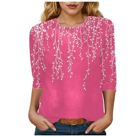 Womens 2025 Fall 3/4 Sleeve Crew Neck Blouse Fashion Print Casual Loose Fit Shirt Top