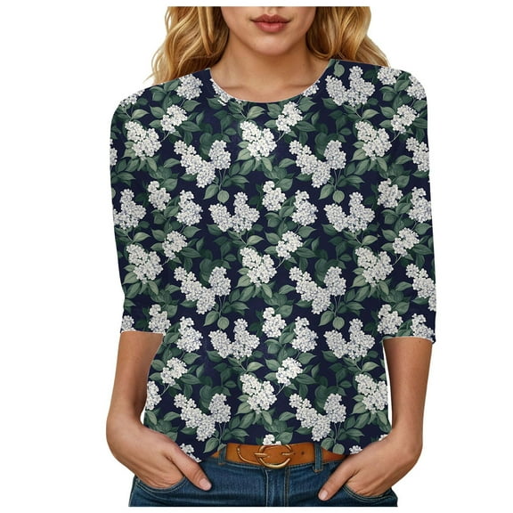 Womens 2025 Fall 3/4 Sleeve Crew Neck Blouse Fashion Print Casual Loose Fit Shirt Top
