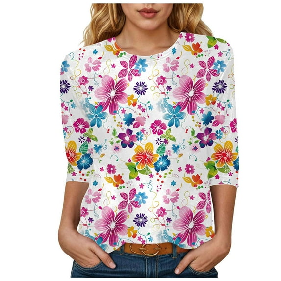 Womens 2025 Fall 3/4 Sleeve Crew Neck Blouse Fashion Print Casual Loose Fit Shirt Top