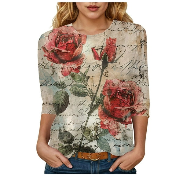 Womens 2025 Fall 3/4 Sleeve Crew Neck Blouse Fashion Print Casual Loose Fit Shirt Top