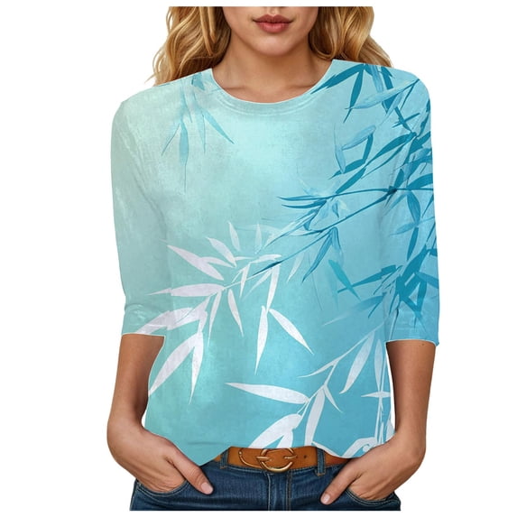 Womens 2025 Fall 3/4 Sleeve Crew Neck Blouse Fashion Print Casual Loose Fit Shirt Top