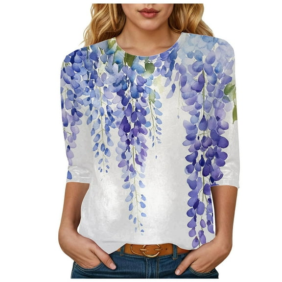 Womens 2025 Fall 3/4 Sleeve Crew Neck Blouse Fashion Print Casual Loose Fit Shirt Top