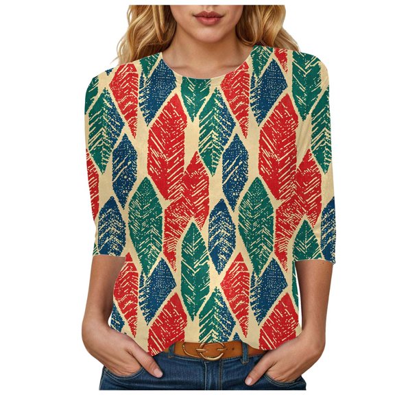 Womens 2025 Fall 3/4 Sleeve Crew Neck Blouse Fashion Print Casual Loose Fit Shirt Top