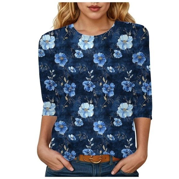 Womens 2025 Fall 3/4 Sleeve Crew Neck Blouse Fashion Print Casual Loose Fit Shirt Top