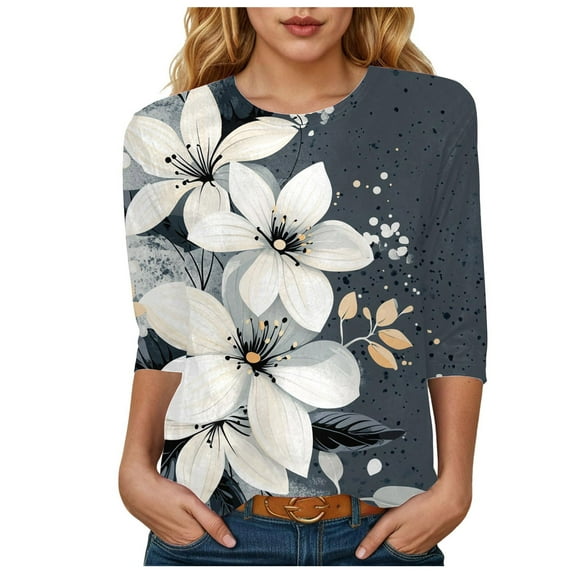 Womens 2025 Fall 3/4 Sleeve Crew Neck Blouse Fashion Print Casual Loose Fit Shirt Top