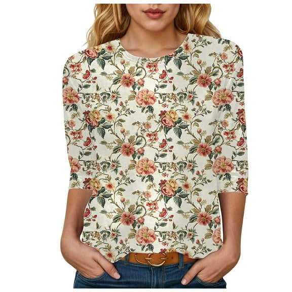 Womens 2025 Fall 3/4 Sleeve Crew Neck Blouse Fashion Print Casual Loose Fit Shirt Top