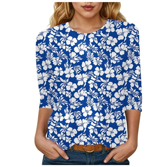 Womens 2025 Fall 3/4 Sleeve Crew Neck Blouse Fashion Print Casual Loose Fit Shirt Top