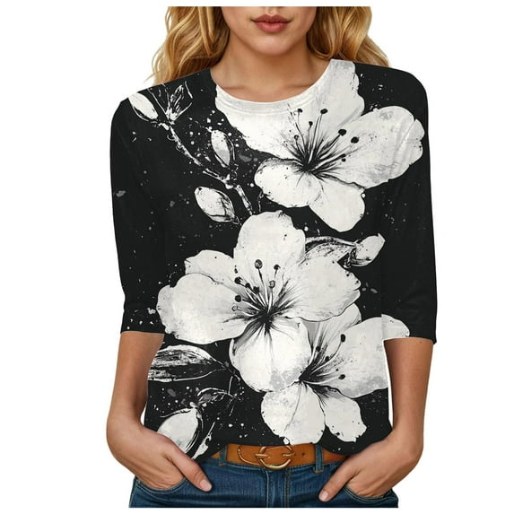 Womens 2025 Fall 3/4 Sleeve Crew Neck Blouse Fashion Print Casual Loose Fit Shirt Top