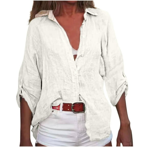 Womens Fall Button Down Shirts Roll up Long Sleeve V Neck Loose Lightweight Blouses Casual Collared Tees Tops