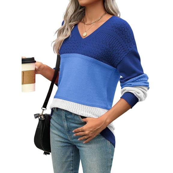 Womens 2025 Fall Casual Long Sleeve Ribbed Knit V Neck Light-Weight Crochet Pullover Sweater Blue XXL