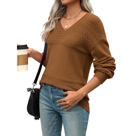 Womens 2025 Fall Casual Long Sleeve Ribbed Knit V Neck Light-Weight Crochet Pullover Sweater Coffee Color L
