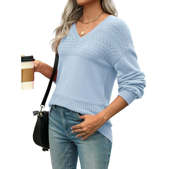Womens 2025 Fall Casual Long Sleeve Ribbed Knit V Neck Light-Weight Crochet Pullover Sweater Pure Blue M