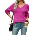 thumbnail image 1 of Womens 2025 Fall Casual Long Sleeve Ribbed Knit V Neck Light-Weight Crochet Pullover Sweater Rose Red M, 1 of 7