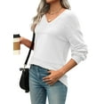 thumbnail image 1 of Womens 2025 Fall Casual Long Sleeve Ribbed Knit V Neck Light-Weight Crochet Pullover Sweater White M, 1 of 7