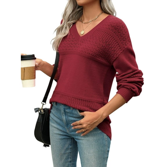 Womens 2025 Fall Casual Long Sleeve Ribbed Knit V Neck Light-Weight Crochet Pullover Sweater Wine Red L