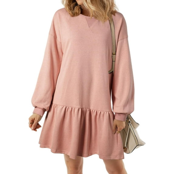 Womens 2025 Fall Long Sleeve Pullover Tops Crewneck Rib Knit Patchwork Sweatshirt Dress Casual Mini Dresses