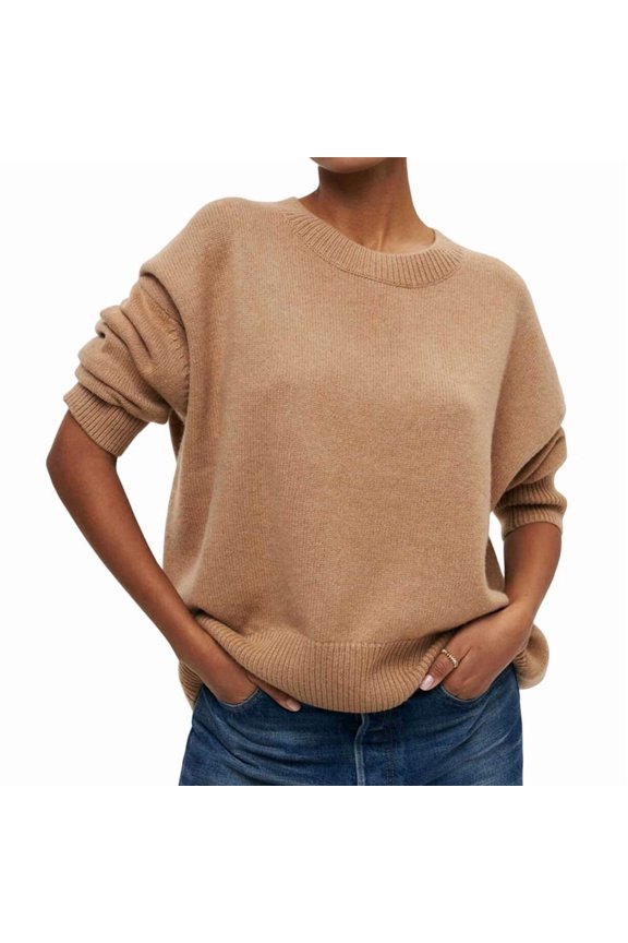 Womens 2025 Fall Long Sleeve Tops Classic Crew Neck Pullover Sweaters Loose Dressy Casual Clothes Walnut Color One Size