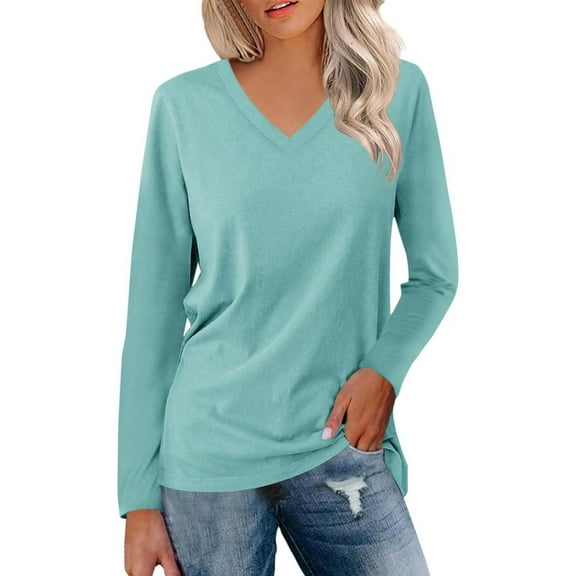 Womens 2025 Fall Tunic Tops Long Sleeve V-Neck Lightweight Shirts Basic Loose Fit Solid Color Soft Tees
