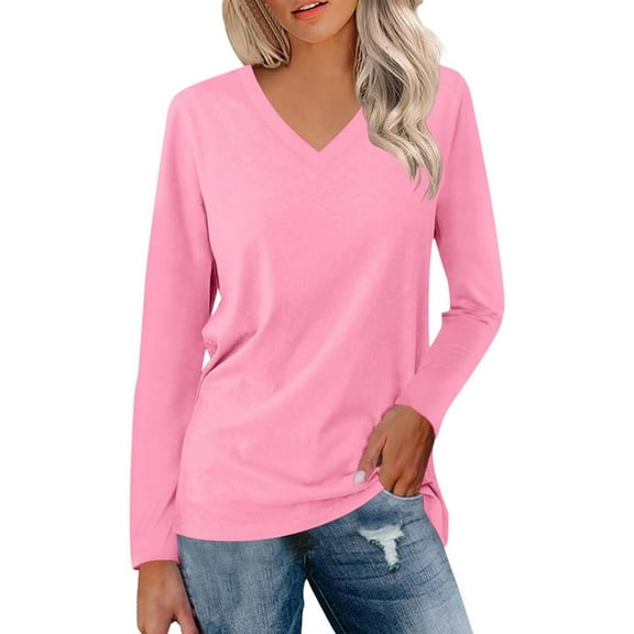 Womens 2025 Fall Tunic Tops Long Sleeve V-Neck Lightweight Shirts Basic Loose Fit Solid Color Soft Tees
