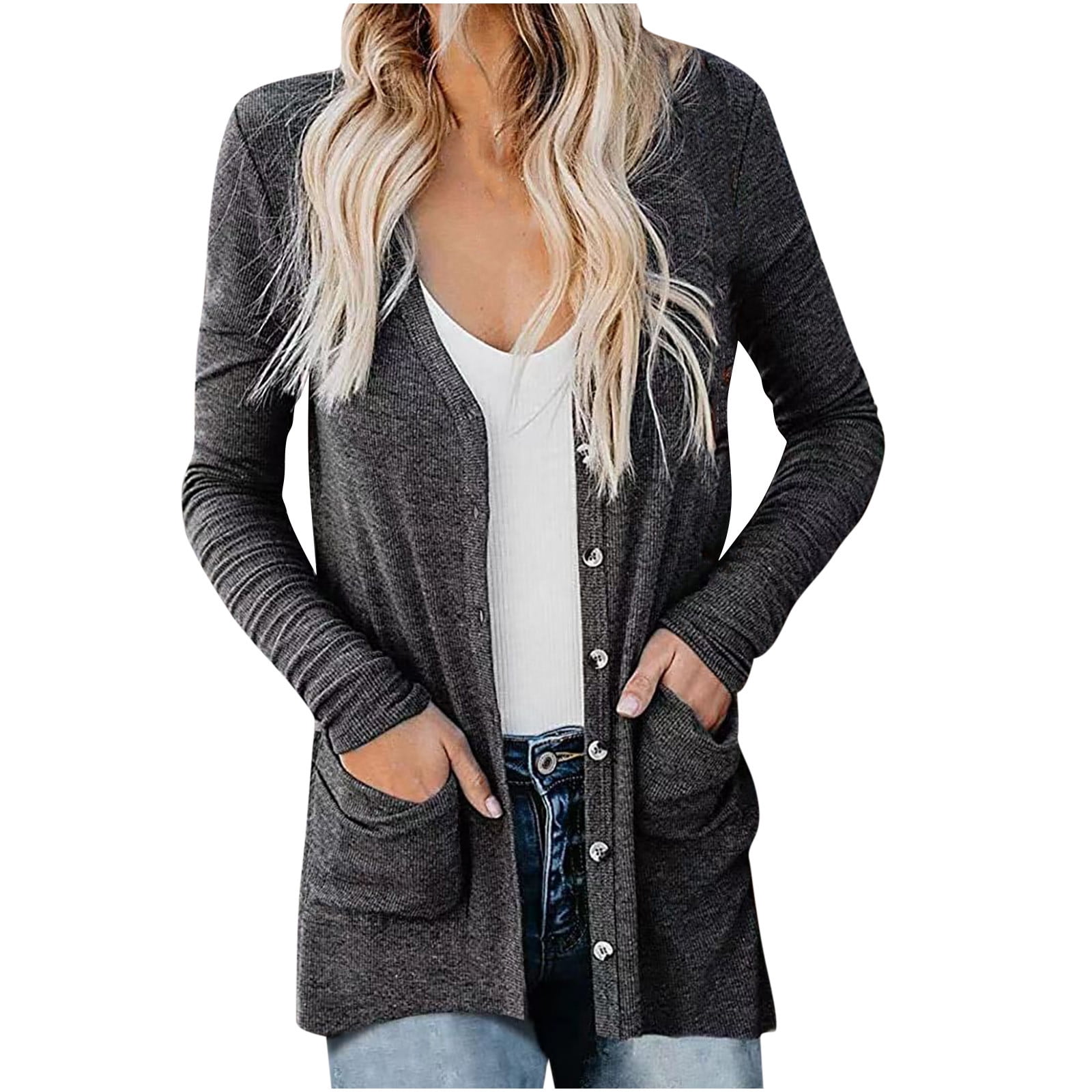 Womens Fashion Casual Open Front Solid Color Cardigans Sweaters Ribbed Thin Coats Jackets Outerwear with Pockets