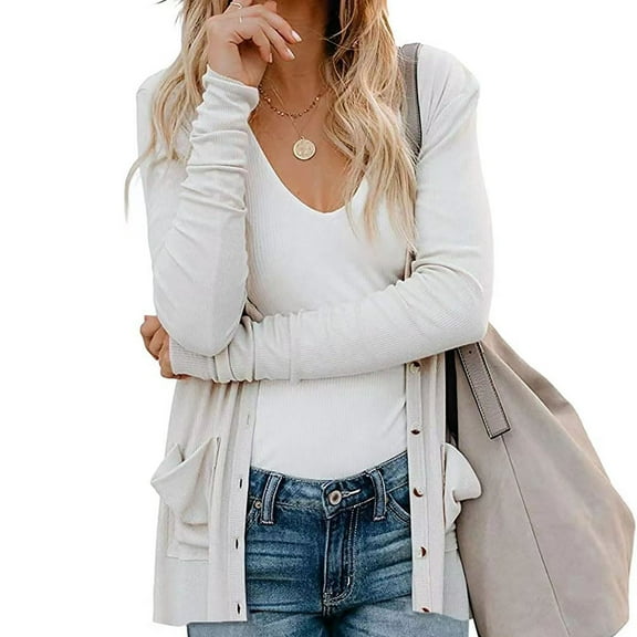 Womens Fashion Casual Open Front Solid Color Cardigans Sweaters Ribbed Thin Coats Jackets Outerwear with Pockets