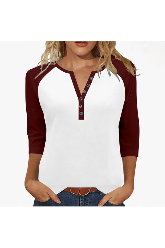 Womens 2025 Fashion Henley Raglan 3/4 Sleeve Tops Basic Tunic T-Shirts Casual Button Down Half Sleeve Blouses
