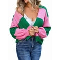 thumbnail image 1 of Womens 2025 Long Sleeve Fall Cropped Cardigan Sweaters Color Block Open Front Casual Loose Knit Outwear Pink L, 1 of 8