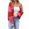 thumbnail image 1 of Womens 2025 Long Sleeve Fall Cropped Cardigan Sweaters Color Block Open Front Casual Loose Knit Outwear Red XL, 1 of 8