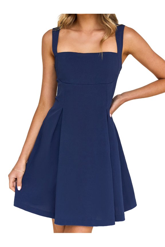Womens 2025 Mini Sleeveless Dress Backless Tie Square Neck Short Party Dress Navy Blue S