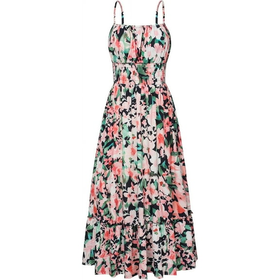 Womens 2025 New Summer Maxi Dress Sleeveless Floral Spaghetti Strap Smocked Boho Beach Long Dress with Pockets