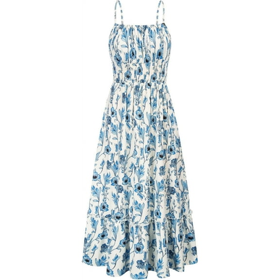 Womens 2025 New Summer Maxi Dress Sleeveless Floral Spaghetti Strap Smocked Boho Beach Long Dress with Pockets