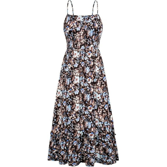 Womens 2025 New Summer Maxi Dress Sleeveless Floral Spaghetti Strap Smocked Boho Beach Long Dress with Pockets