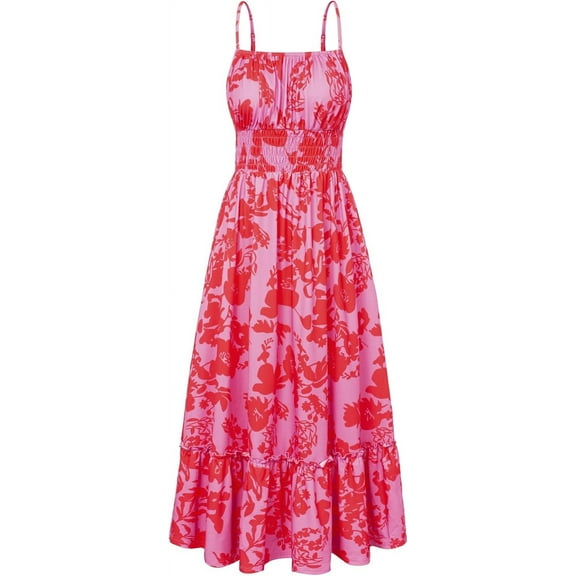 Womens 2025 New Summer Maxi Dress Sleeveless Floral Spaghetti Strap Smocked Boho Beach Long Dress with Pockets