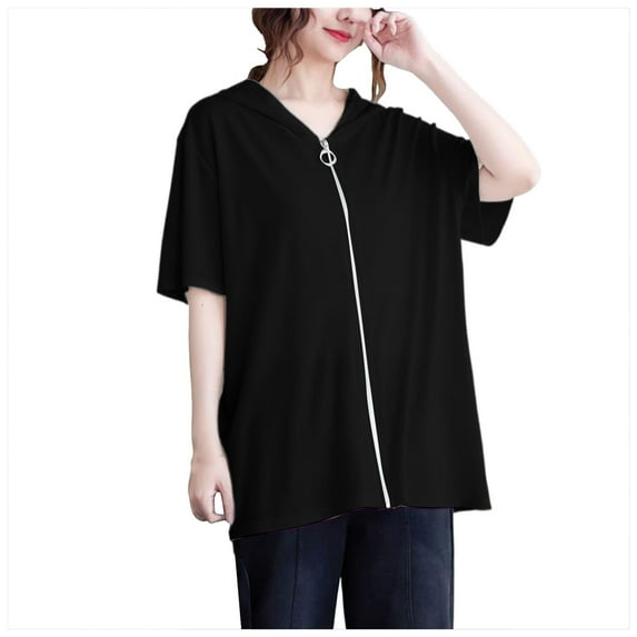 Womens 2025 Oversized Short Sleeve Hoodie - Front Zipper Casual Loose Fit Hooded Sweatshirt Top