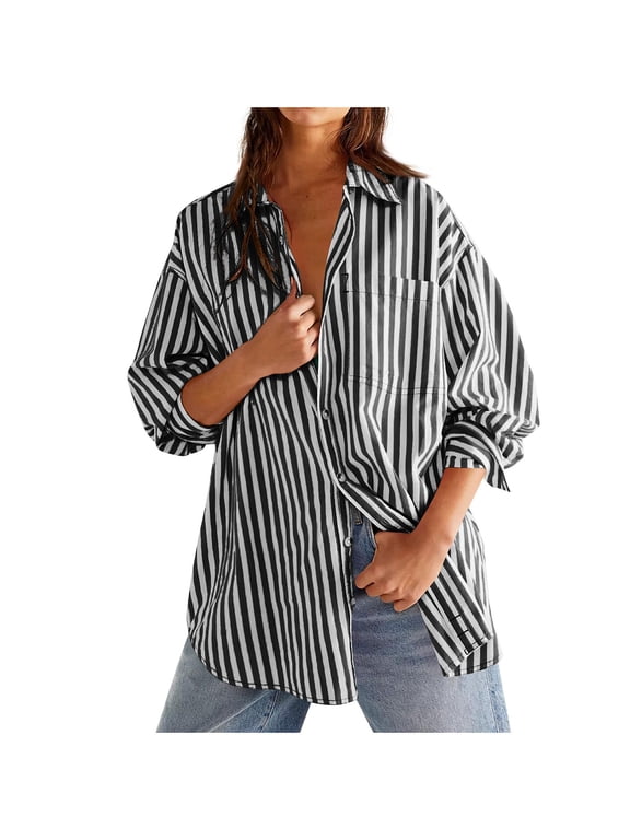 Womens 2025 Oversized Striped Button Down Shirts Boyfriend Long Sleeve Casual Work Blouses