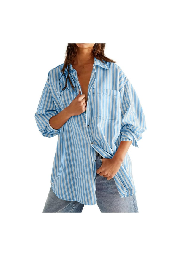 Womens 2025 Oversized Striped Button Down Shirts Boyfriend Long Sleeve Casual Work Blouses