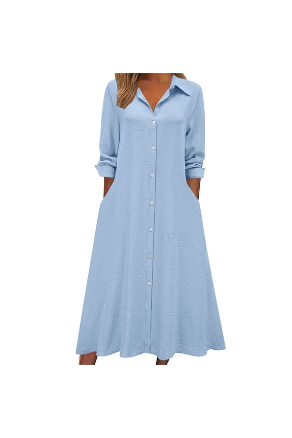Womens 2025 Shirt Dress Casual Lapel V Neck Long Sleeve Button Down Vacation Maxi Dress Fall Casual Line Dresses
