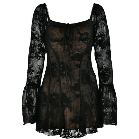 Womens 2025 Square Neck Dress Long Sleeve Sleeve A-Line Short Mini Dresses Black S