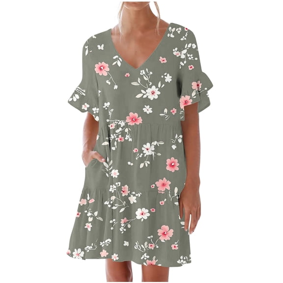 Womens 2025 Summer Beach Vacation Dress Flutter Short Sleeve V Neck Flowy Casual Mini Dress Floral Ruffle Swing Dress with Pockets
