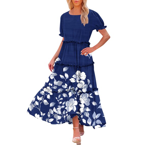 Womens 2025 Summer Casual Maxi Dresses Square Neck Short Sleeve Smocked A Line Floral Flowy Elegant Boho Dress