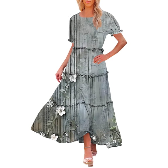 Womens 2025 Summer Casual Maxi Dresses Square Neck Short Sleeve Smocked A Line Floral Flowy Elegant Boho Dress