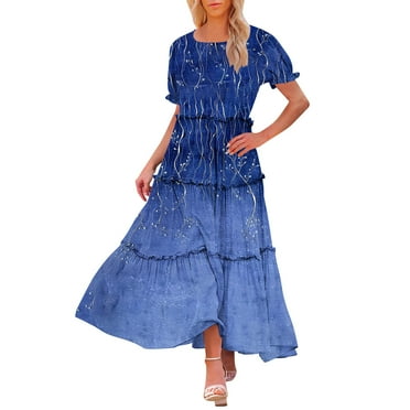 Womens 2025 Summer Casual Maxi Dresses Square Neck Short Sleeve Smocked A Line Floral Flowy Elegant Boho Dress