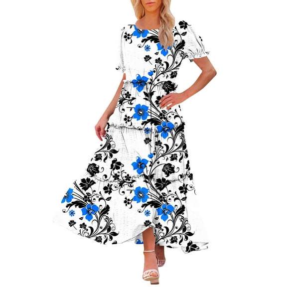 Womens 2025 Summer Casual Maxi Dresses Square Neck Short Sleeve Smocked A Line Floral Flowy Elegant Boho Dress