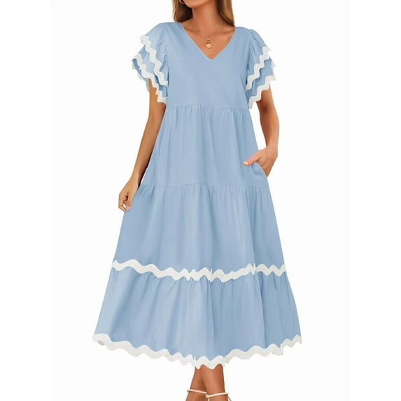 Womens 2025 Summer Casual Midi Dresses V Neck Flutter Short Sleeve Ruffle Tiered A Line Beach Long Dress Light Blue M